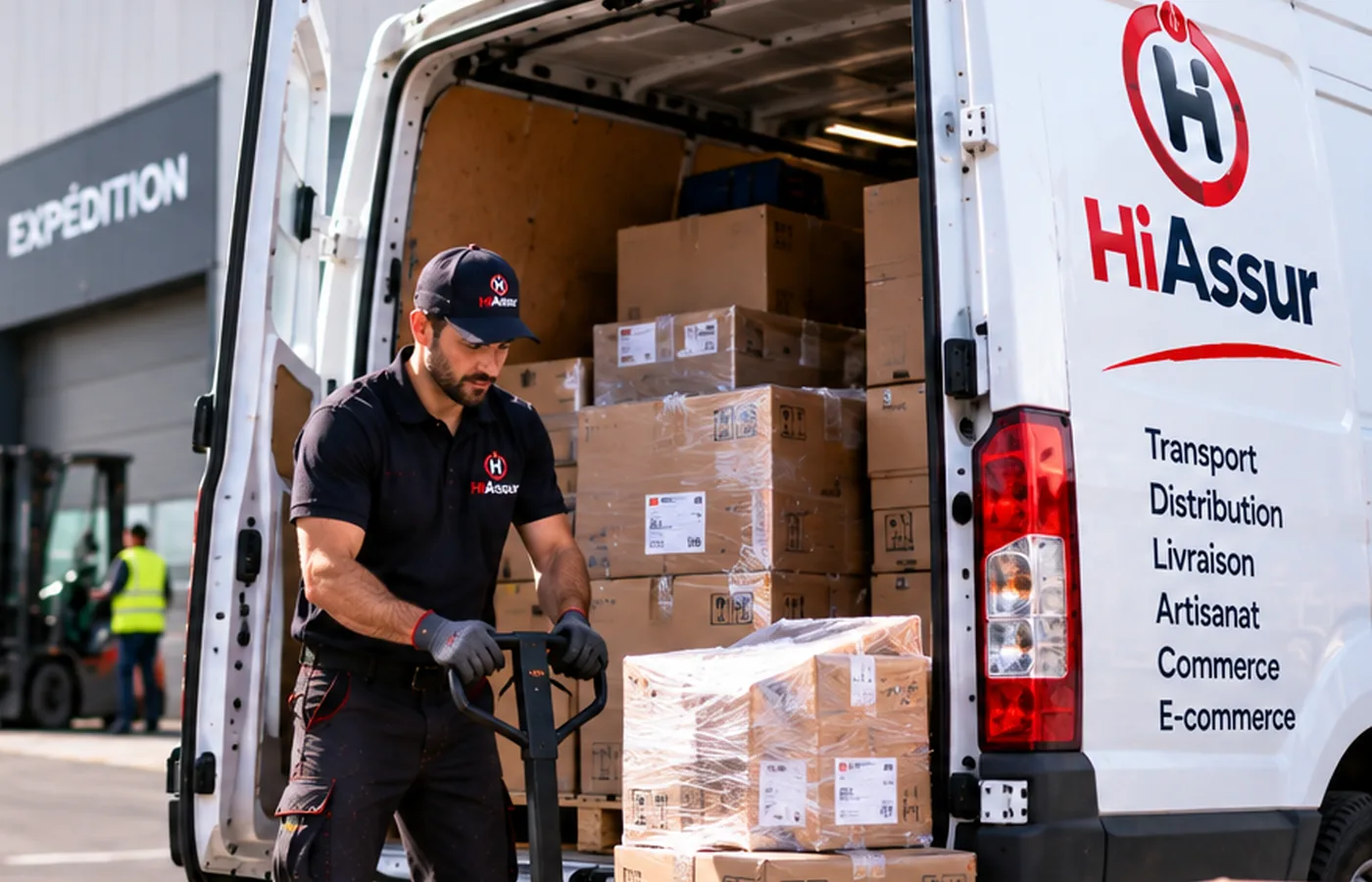 Transporteur chargeant des colis dans un véhicule utilitaire
