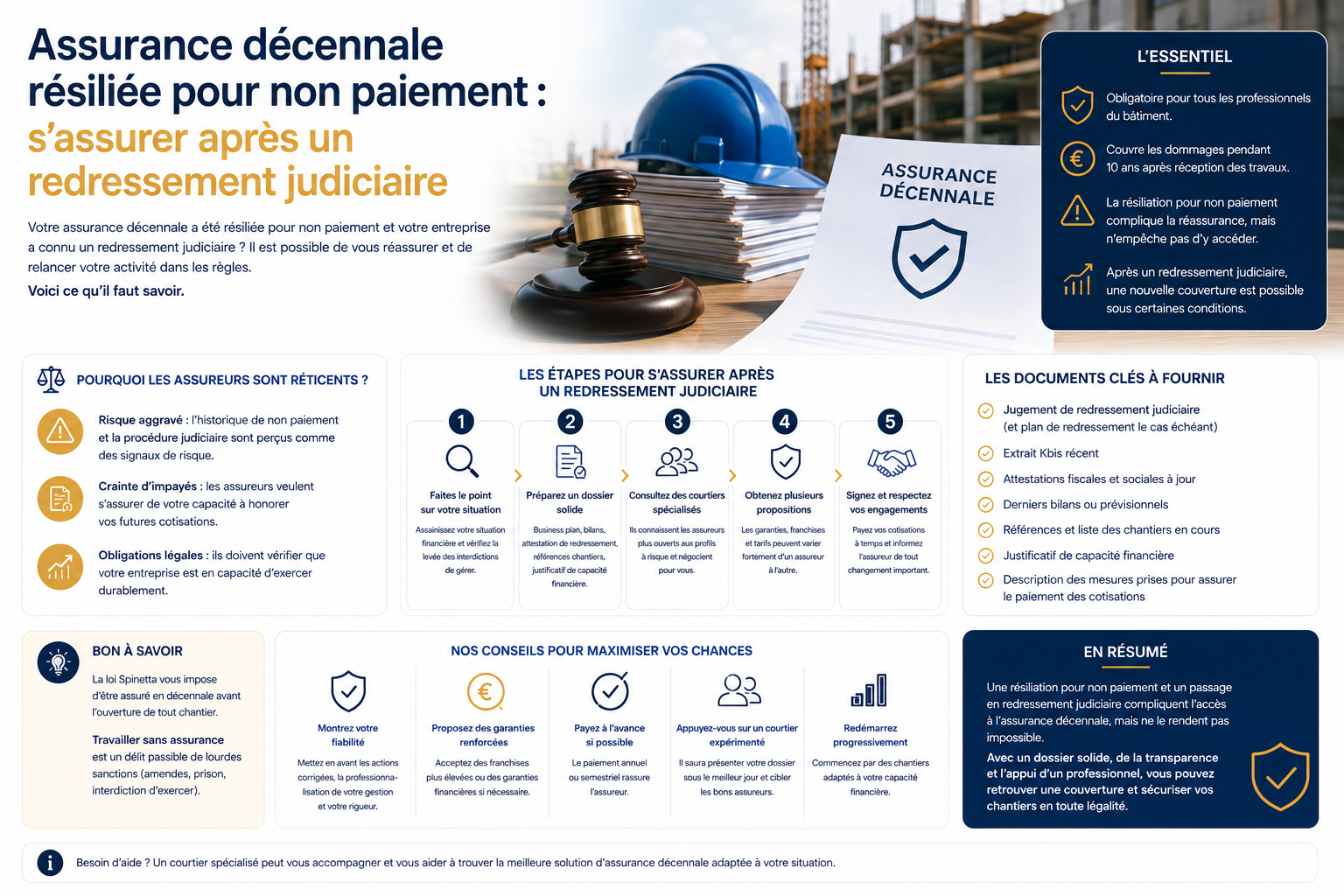 Assurance décennale résiliée pour non paiement : s’assurer après un redressement judiciaire